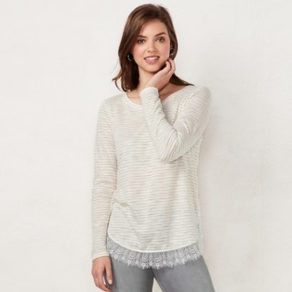 LC Lauren Conrad Tops - LC Lauren Conrad Cream & Tan Lace Hem Tunic Size Medium